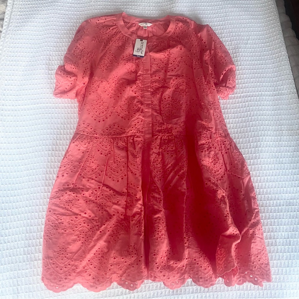 Terra & Sky short sleeve mini Dress in Coral Eyelet 100% cotton NWT